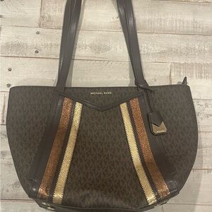 Michael Kors Brown Tote with Gold and Bronze Stripes